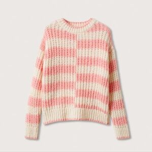 Mango Sweater Pink/white stripes Chunky Cable  Size Large Soft Warm Women